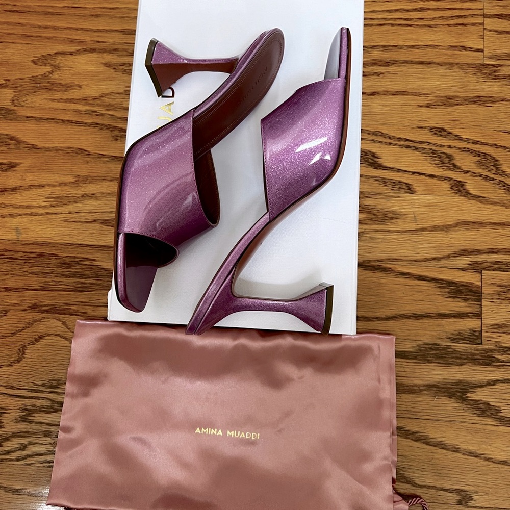 Amina Muaddi Lupita Glitter 95MM Leather Sandals in size 42